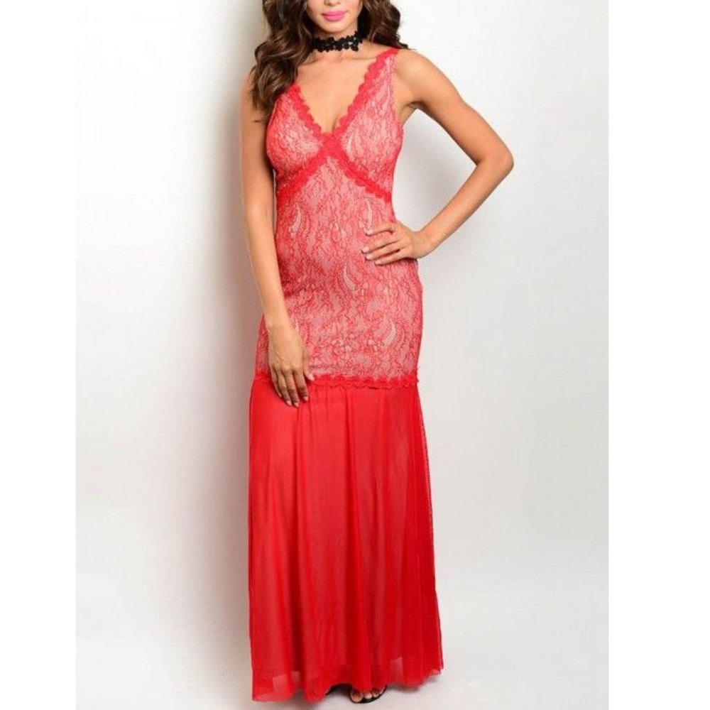 Coral & Beige Sleeveless Lace Dress